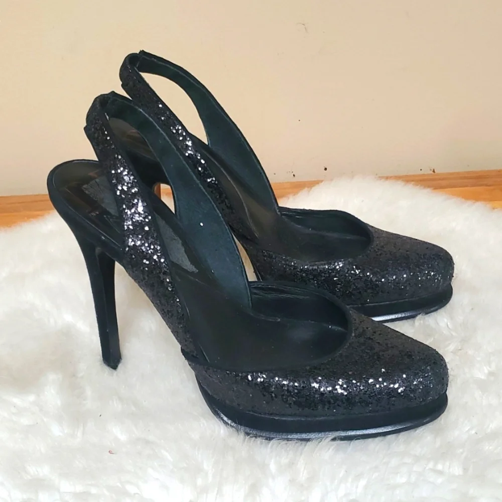 Diane Von Furstenberg DVF Black Sequin Slingback Stilletos Size 7M
